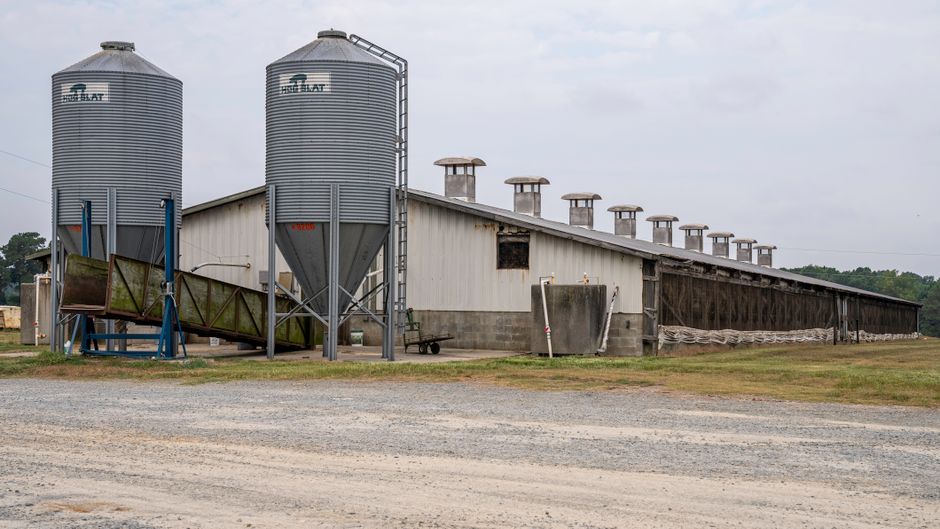 Metal farm building with agricultural silos in North Carolina, representing steel buildings for farms in Columbia SC
